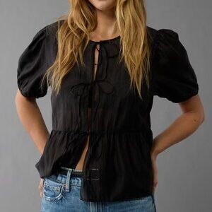 [American Eagle] Puff-Sleeve Tie-Front PeplumTop Medium Black